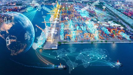 Aerial view of a container terminal with digital data and network overlays visualizing connected logistics processes and global supply chains