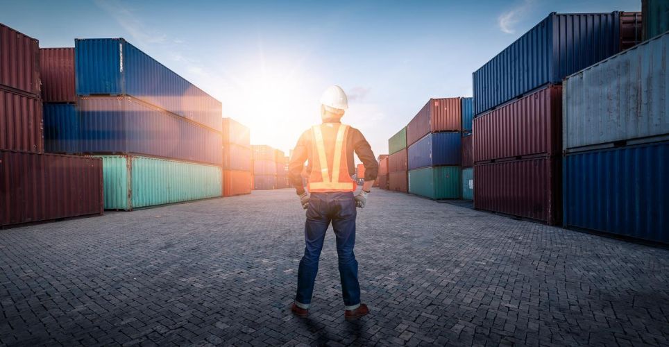 An employee at the container terminal looks at stacked containers. A symbol of the planning, monitoring, and optimization of logistics processes.