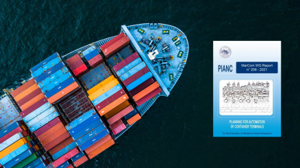 Container ship on the open sea. The front page of the report from PIANC MarCom WG is superimposed.
