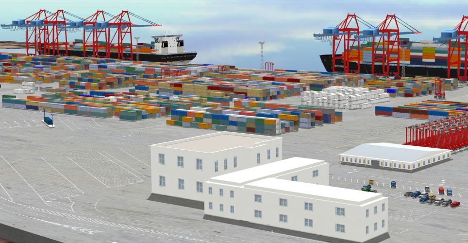 Screenshot of CHESSCON Life View. Digital replica of a container terminal.