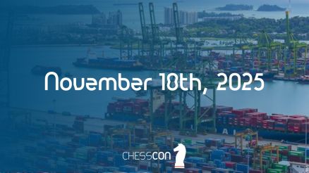 Ein Containerhafen mit Kränen und Containern, darüber die Veranstaltungsangabe „18. November 2025“ und das CHESSCON-Logo.