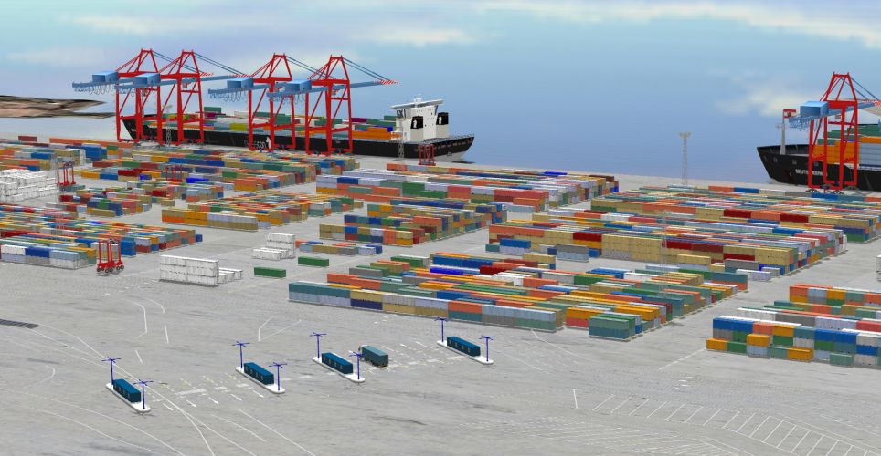 Screenshot of CHESSCON Life View. Digital replica of a container terminal.