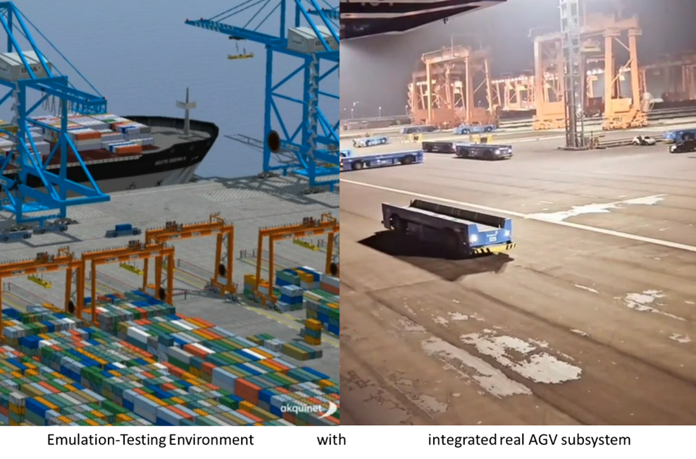 A digital and physical representation of a port container terminal.