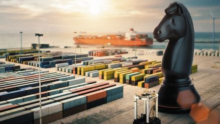 3D Model of Containter Terminal with knight chess piece from CHESSCON logo in the middle. Three keywords: Independent, individual and innovative.