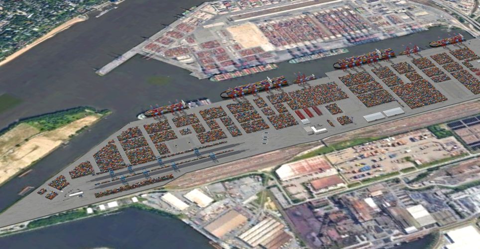 Screenshot from CHESSCON Life View. Digital replica of a container terminal. Bird's eye view.