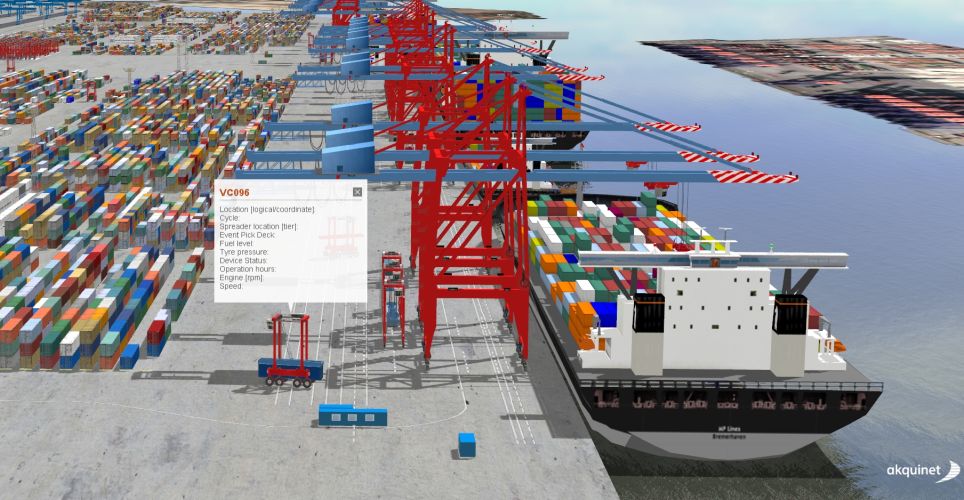 Screenshot from CHESSCON Life View. Digital replica of a container terminal. Information from a straddle carrier: VC06, Location, Cycle, Tier, Event Pick Deck, Fuel Level, Type Pressure, Device Status, Operation hours, Engine.