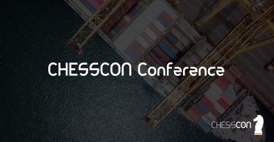 Image of a container ship in the port terminal from above. CHESSCON logo and title of the conference: CHESSCON Conference.