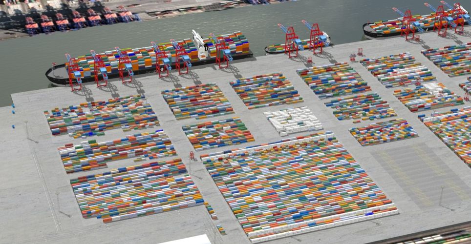 Screenshot of CHESSCON Life View. Digital replica of a container terminal.