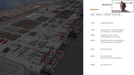 We will start soon. 17:30 Warm Welcome. 17:40 Global Trends in Maritime Logistics. 18:00 Creating a smarter world. 18:10 Electrification Simulation Software. 18:15 Spotlight Q&A. 18:20 Port Trends 2025. 18:30 Get Together.