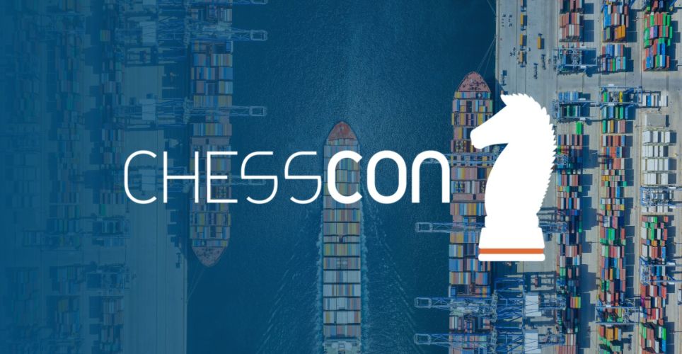 Aerial view of a bustling container port featuring the CHESSCON logo and a white knight chess piece.