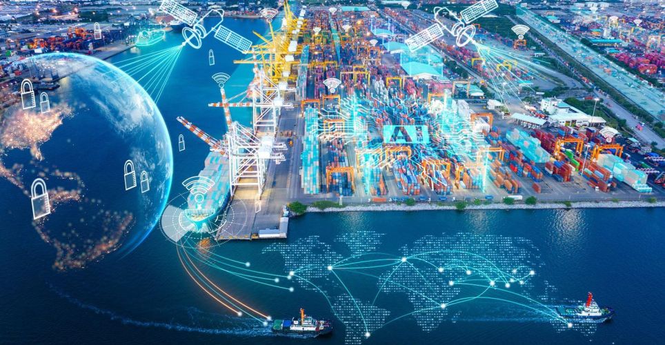 Aerial view of a container terminal with digital data and network overlays visualizing connected logistics processes and global supply chains