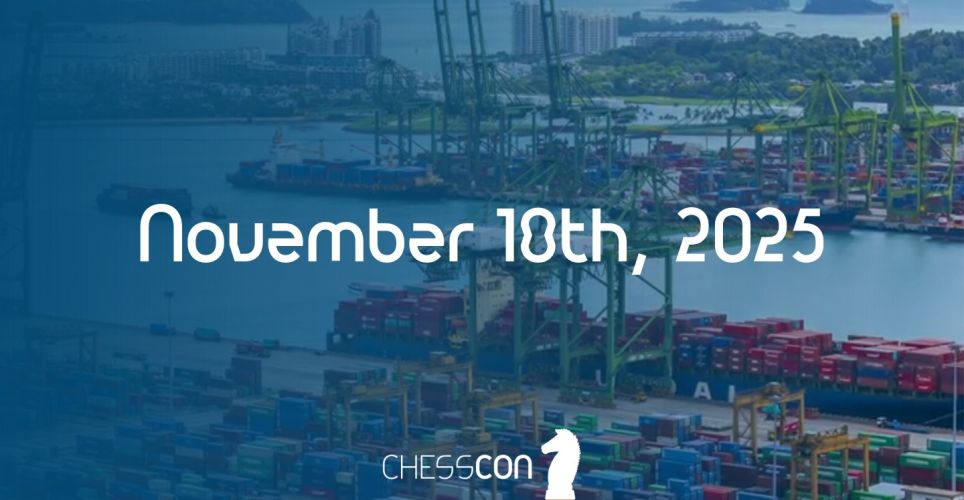 Ein Containerhafen mit Kränen und Containern, darüber die Veranstaltungsangabe „18. November 2025“ und das CHESSCON-Logo.