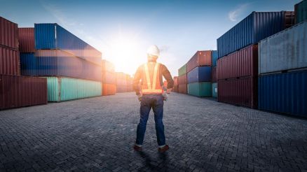 An employee at the container terminal looks at stacked containers. A symbol of the planning, monitoring, and optimization of logistics processes.