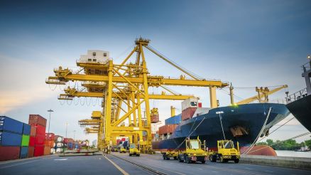 Yellow cranes and terminal tractors. On the left, containers. On the right, a container ship.